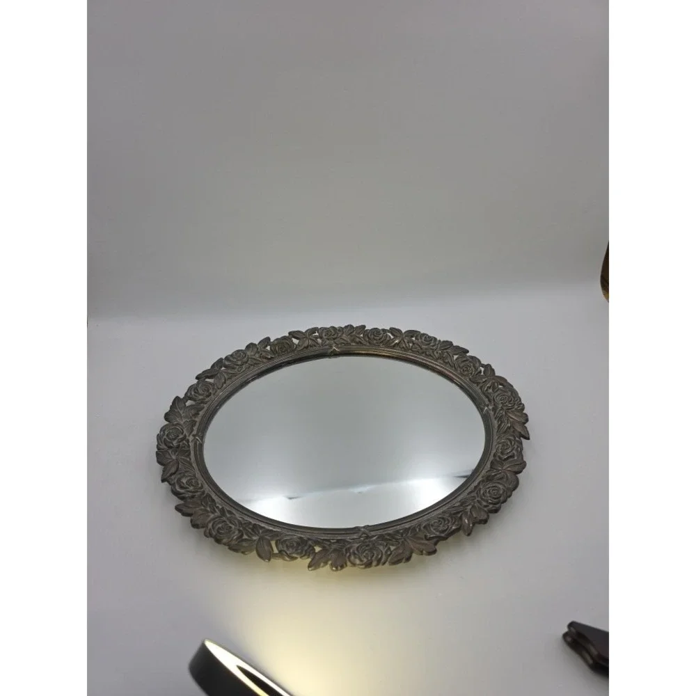 Vintage Oval Mirror Ornate‎ Rose Frame Bronze Gold Tone Vanity Decor 10